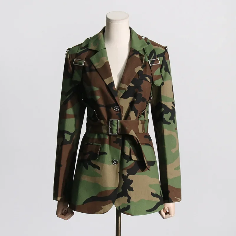 Jaqueta feminina com estampa camuflada, blazer de cintura fina, mangas compridas, nova moda de rua, outono, 2022