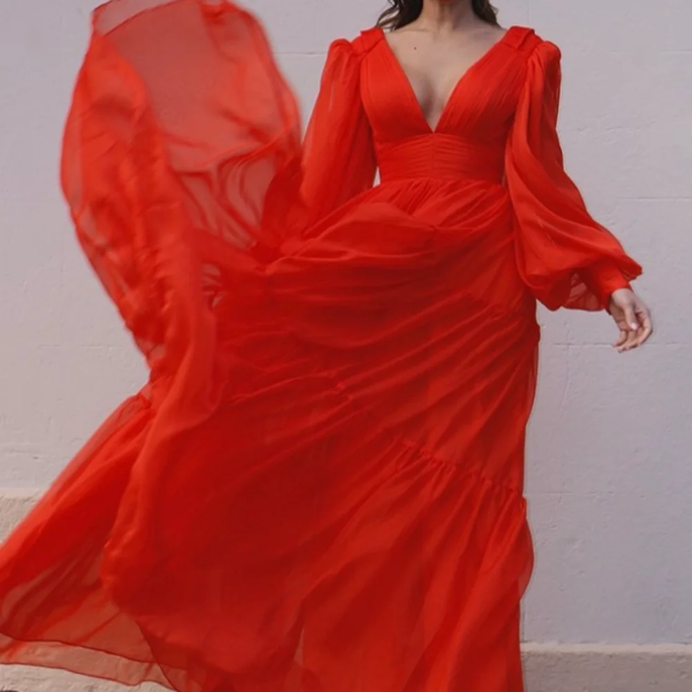 Sexy Red فساتين نسائيه للسهرات  V Neck 30D Chiffon Long Sleeves Natural Waist Zipper Back A Line Sweep Train Formal Dress