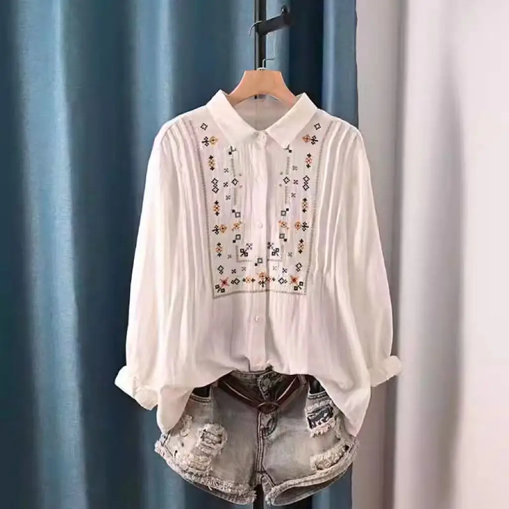 Women\'s cotton shirts long sleeve embroidery blouses spring tops 100% cotton yarn blouse ethnic vintage clothing