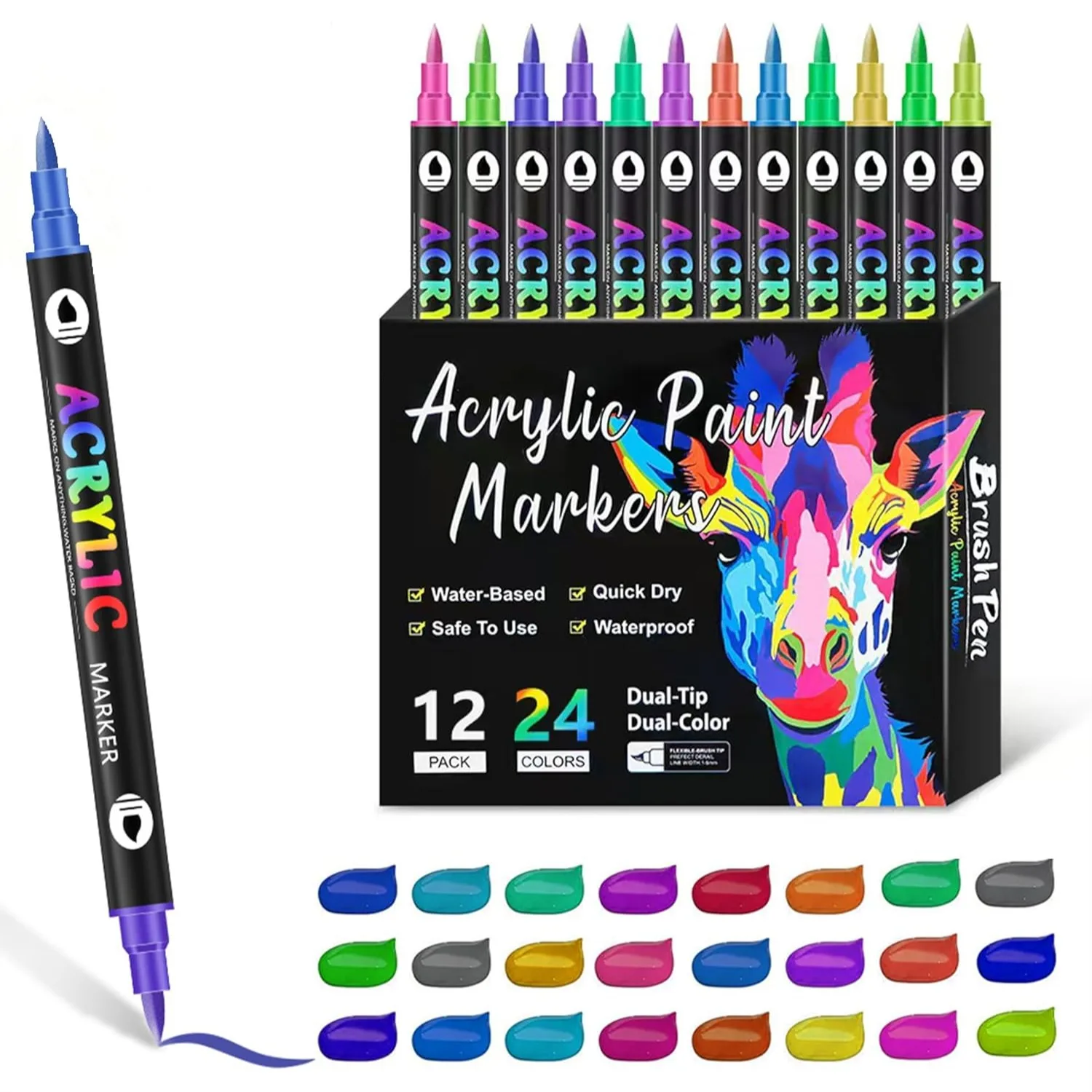 

24 Colors Acrylic Paint Markers, Dual Tip Drawing Pens for Adult Art, Rock Painting, Ceramic, Wood, Plastic, Calligraphy