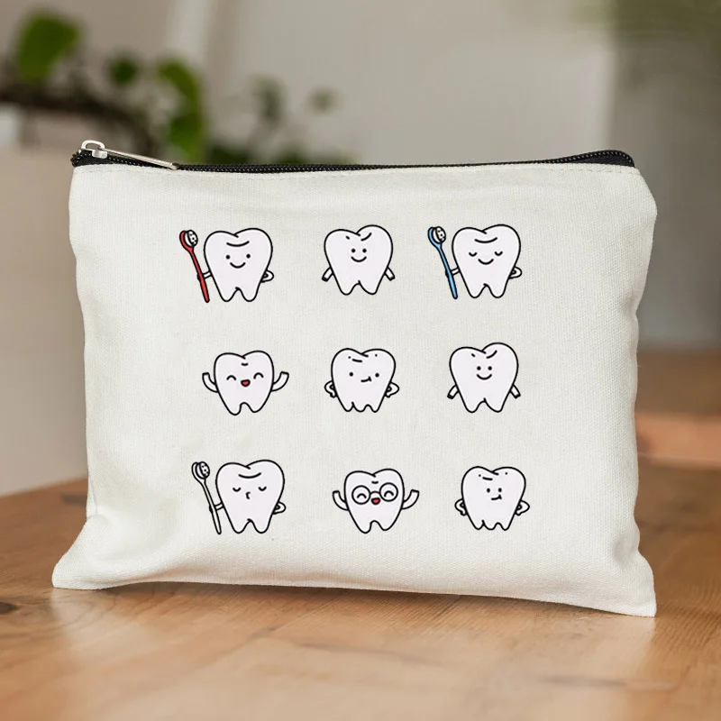 

Cute Cartoon Teeth Canvas Makeup Bag, Dental Hygienist Gift, Portable Zipper Pouch for Cosmetics & Stationery