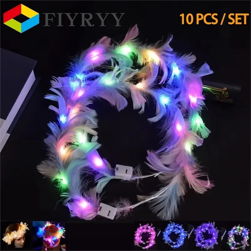 

10Pcs LED Light Up Angel Headband 10 LED Feather Wreath Crown Headbands Luminous New Headwear For Girls Women Wedding Glow Party