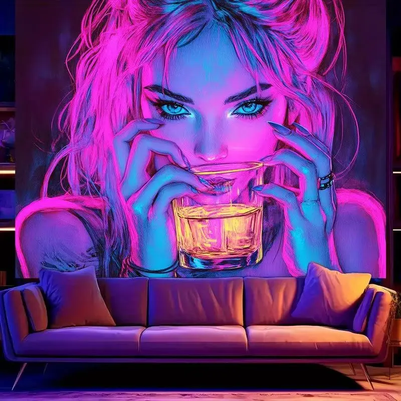 VIKAMA Cyberpunk Neon Lady Wall Tapestry Purple Pink Drinking Woman Pattern Lightweight Fabric Banner Dorm Apartment Decor