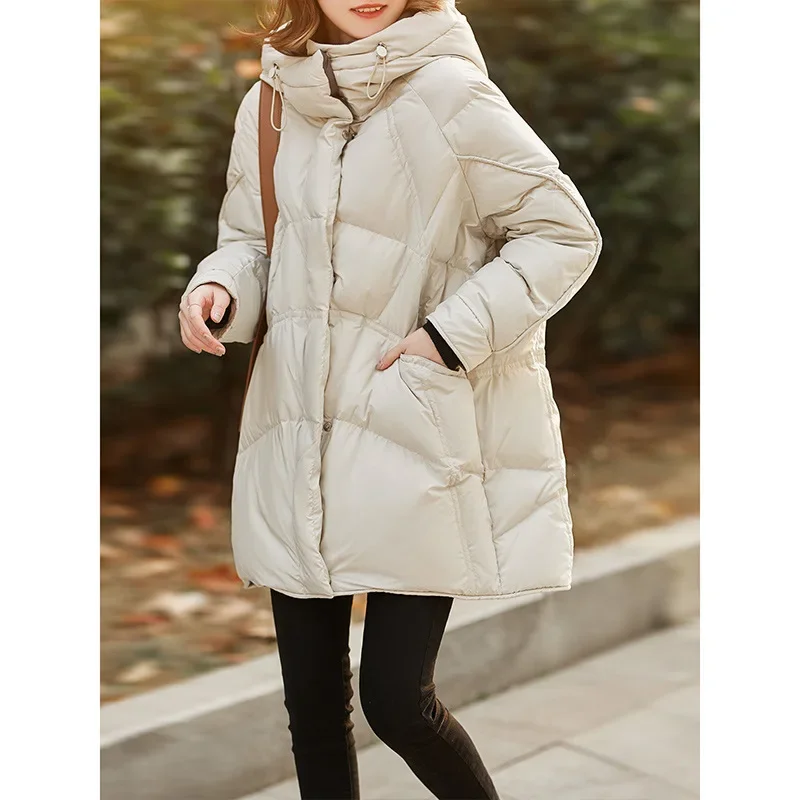 Cocoon Shape Double-sided-wear High-end Women\'s 90% White Duck Down Coat Hooded Medium and Long Down Jacket 2024 Winter New