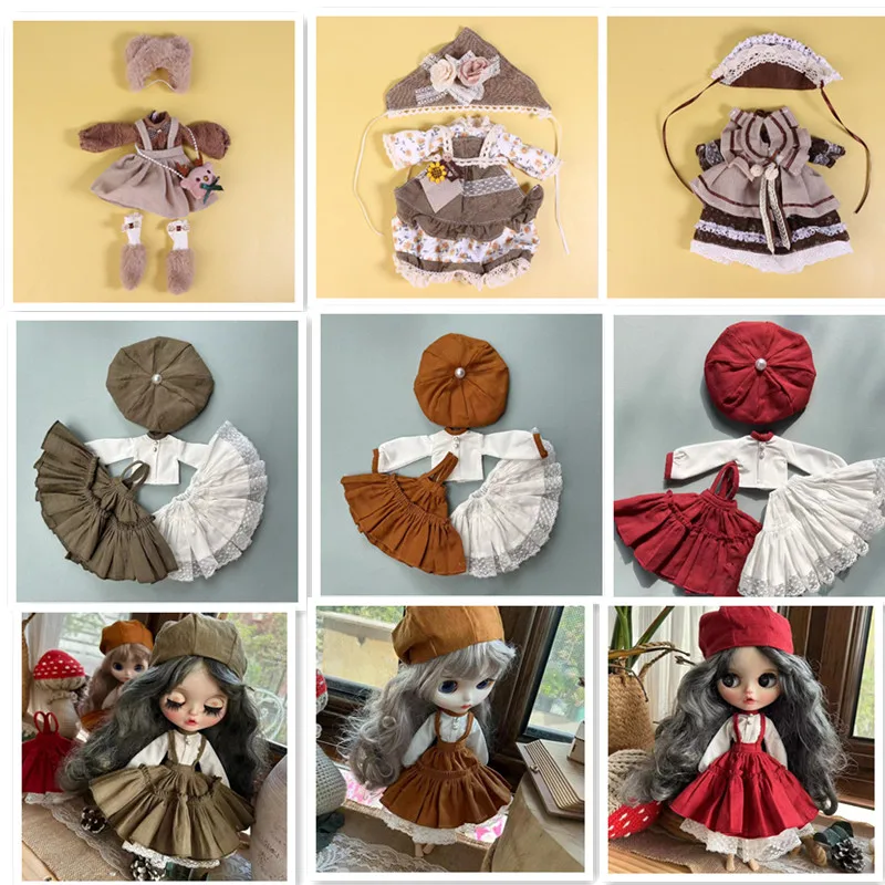 

Handmade Doll Skirt Dress Beret Hat Doll Retro Dress Set Suit Clothes For Blythes Ob22 Ob24 Doll Blyth Doll Accessories