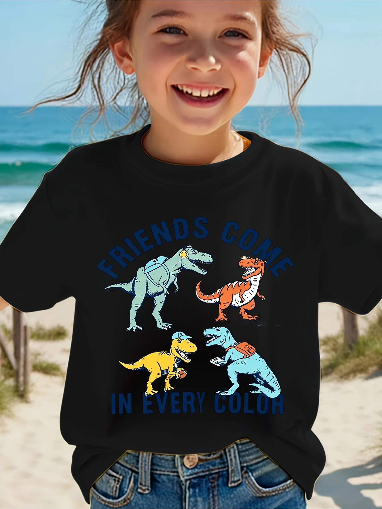 Cute Friends Come In Every Color Dinosaur Graphic Family Matching T Shirt Boys Girls Short Sleeve Tees Parent Kid Summer Tops