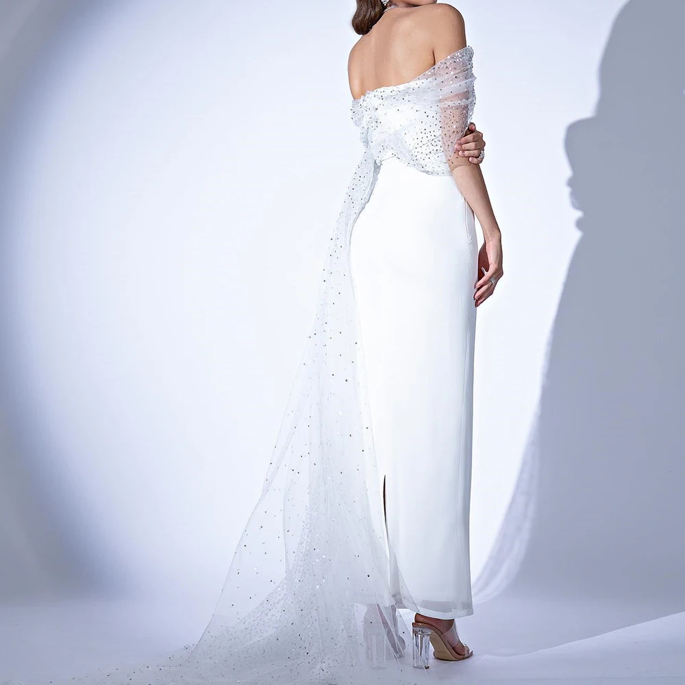 Delicate Jersey Straight Off the Shoulder Crystal Evening Dress Back Slit Boat Neck Sleeveless Floor Length Panel Train