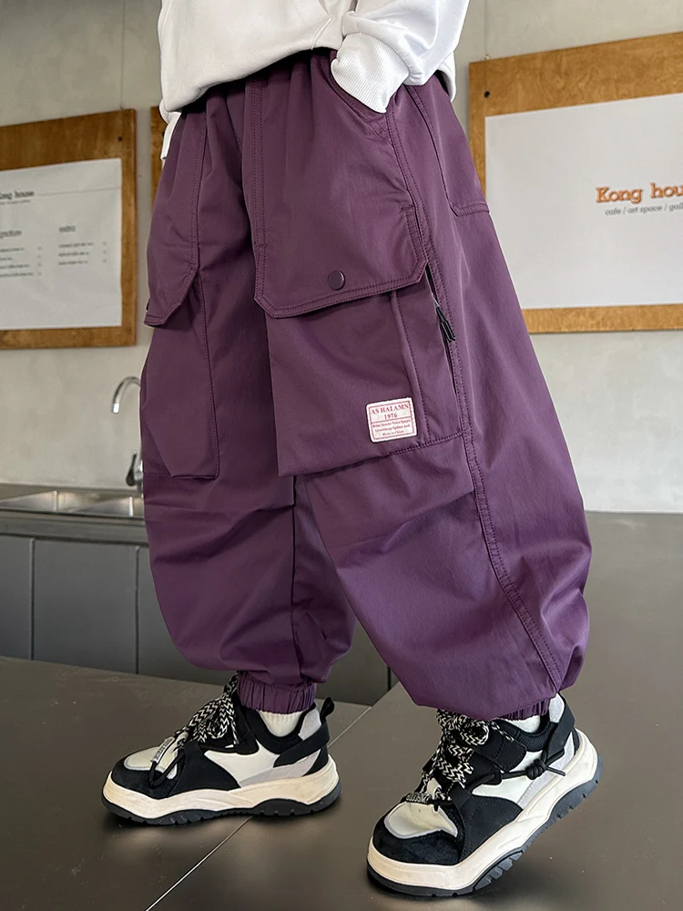 2024 New Boys casual pants spring autumn children\'s Cargo pants new trendy Kids sweatpants street dance loose purple pants