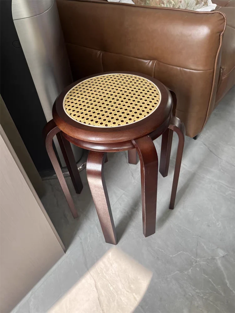 Nordic Solid Wood Rattan Round Stools Furniture Home Living Room Dining Table Stool,Stackable ,Comfortable Sitting Chair