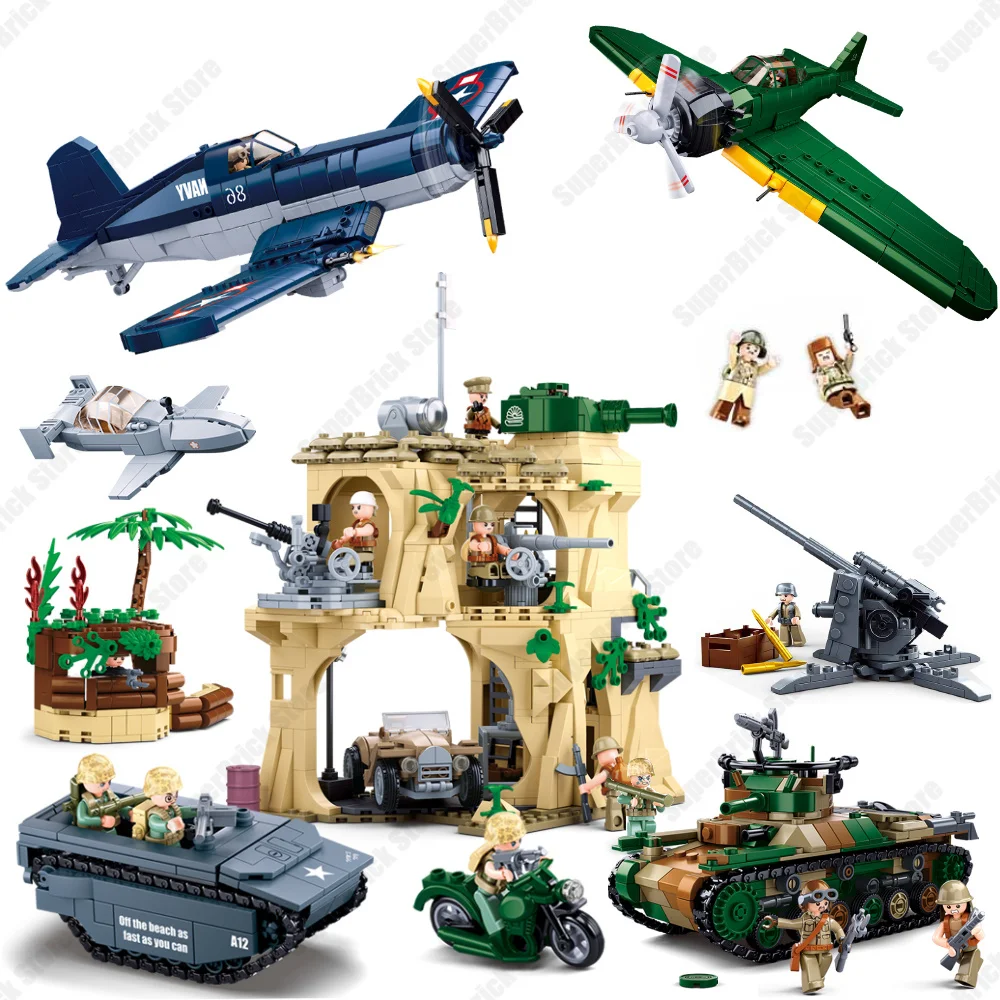 Sluban WWII Military Battle Army Tank Pirate Fighter Model Building Blocks Bricks Kits Classic War Weapons Sets Child Toys Gifts