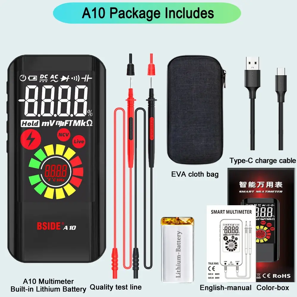 BSIDE Handmultimeter, wiederaufladbar, 9999 Anzeigen, großes LCD-Display, automatische Bereichswahl, elektrisches Messwerkzeug für Zuhause, Werkstatt, Labor