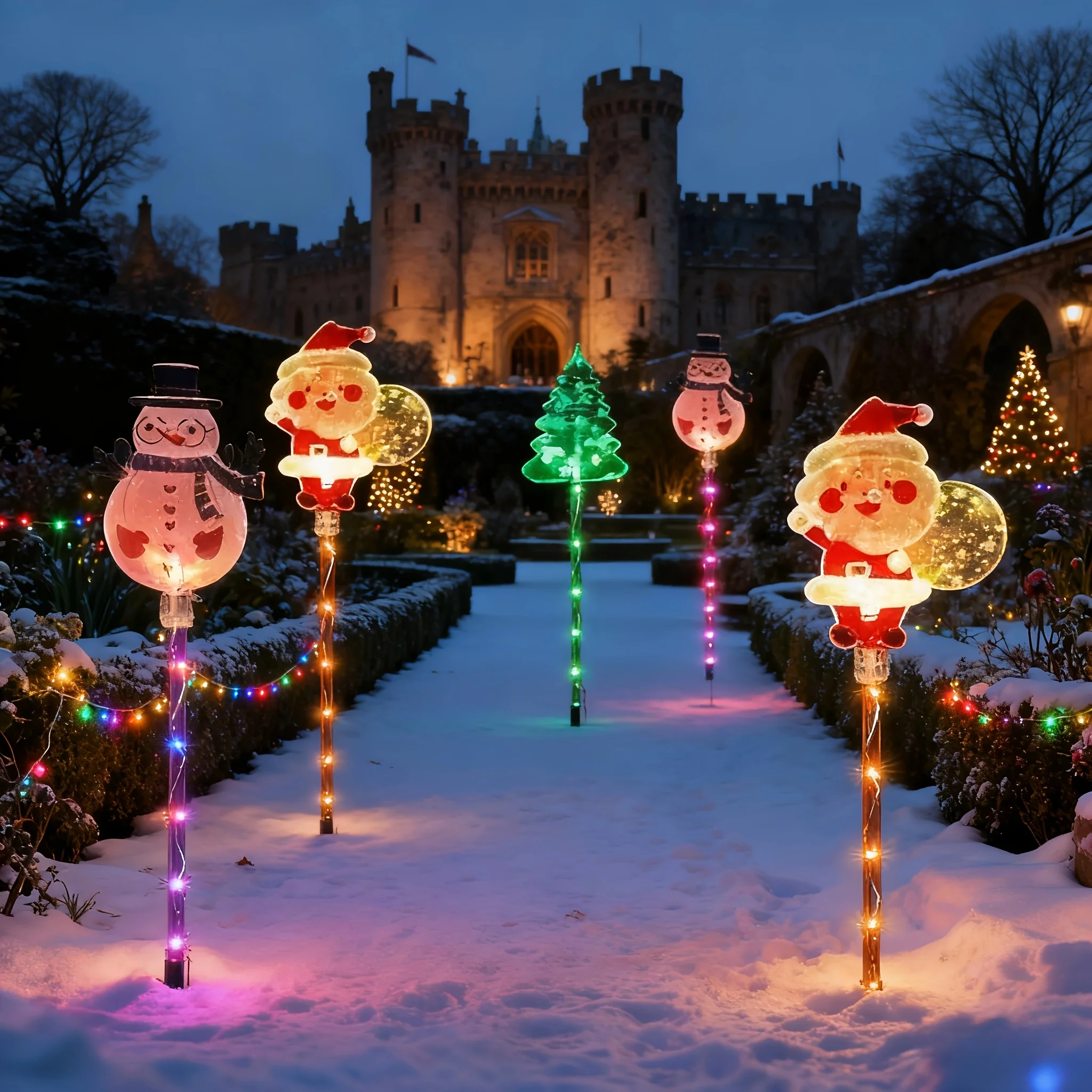 6 peças estacas de Natal solares à prova de intempéries-formas de Papai Noel/boneco de neve/árvore, 8 modos de iluminação, decoração de caminho de jardim