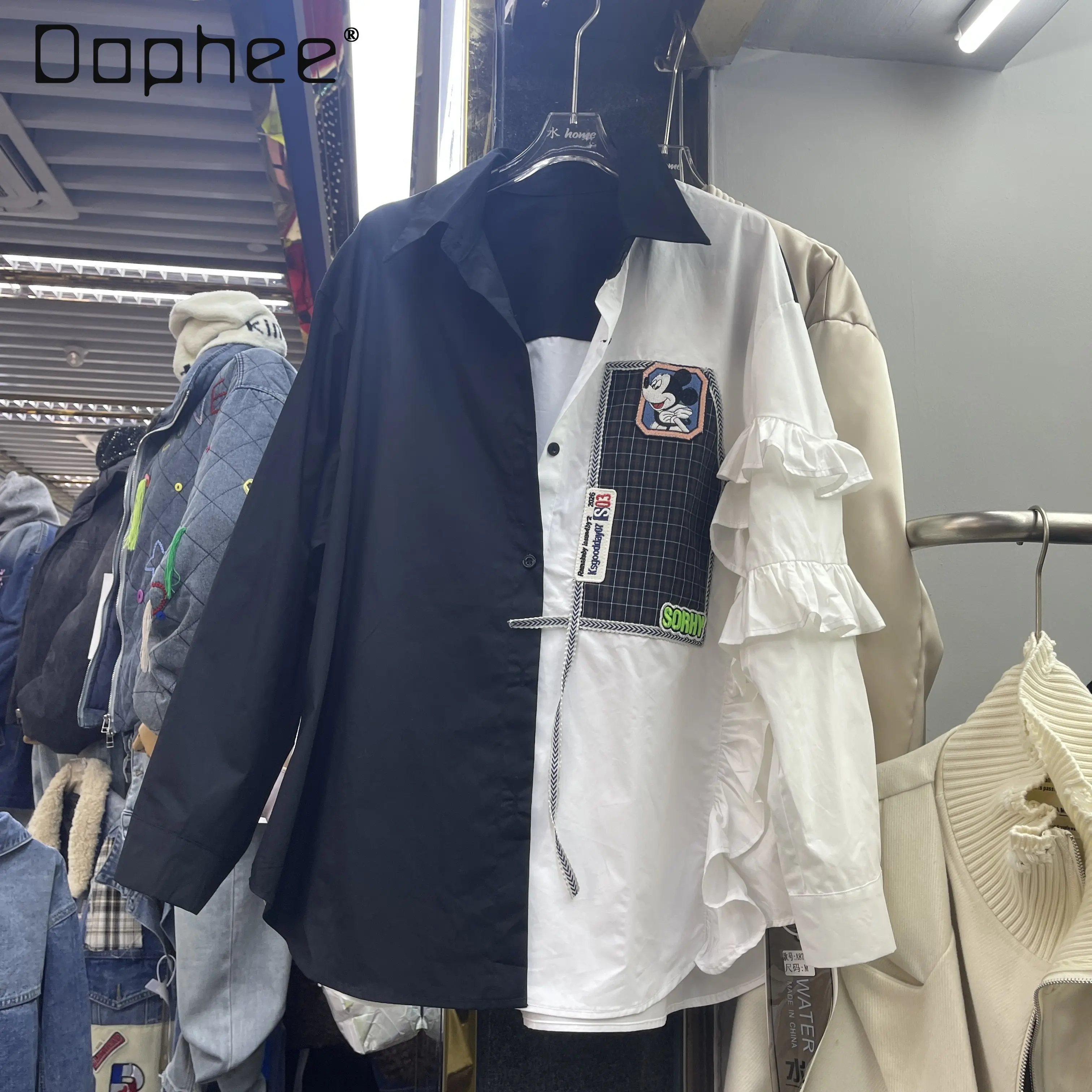 

2025 Spring New Fashion Versatile Loose Slimming Color Block Turn-Down Collar Long Sleeve Jacket Women Single-Breasted Shirt