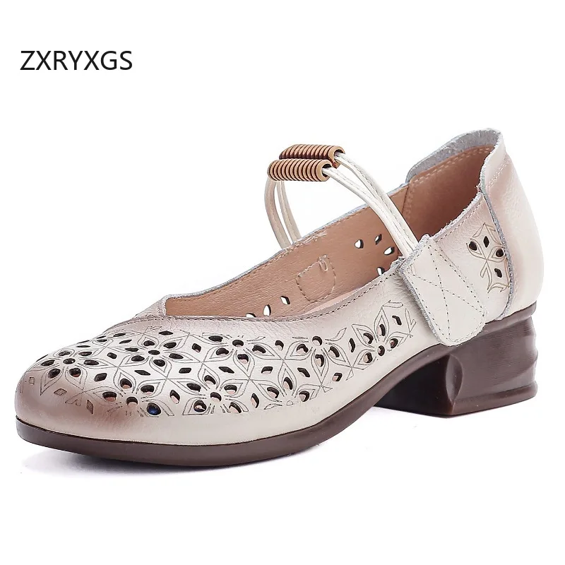 ZXRYXGS Promotion Genuine Leather Round Toe Hollow Shoes Modem Sandals 2026 Breathable Comfortable Women Mid Heel Sandals Tide