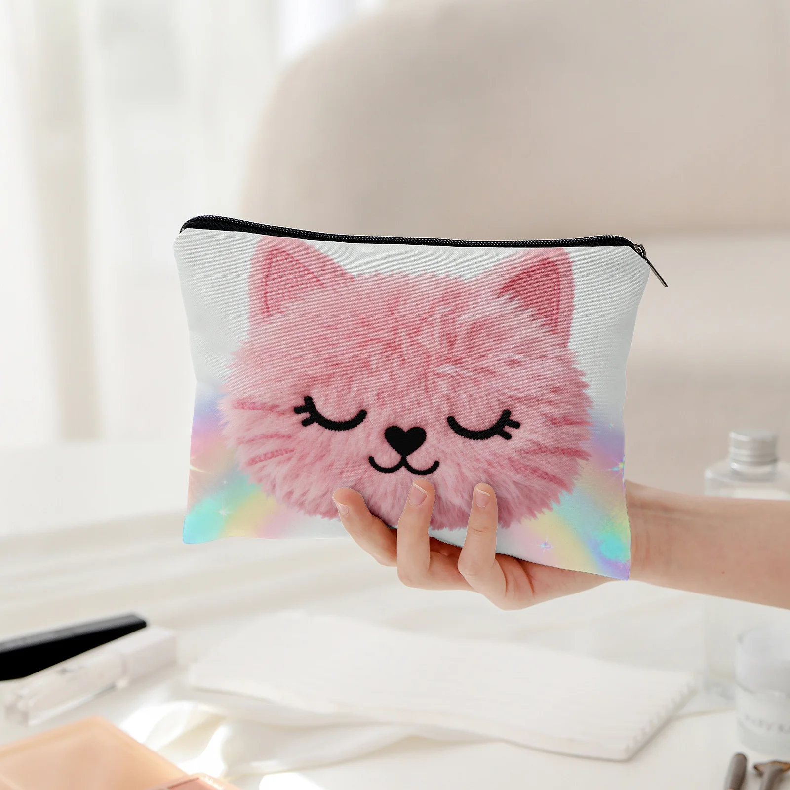 1 Piece of Cute Cat Makeup Bag with Closed Eyes - Multifunctional Zipper Pouch for Women, Perfect Travel Zipper Storage Bag, Fun Birthday Gift