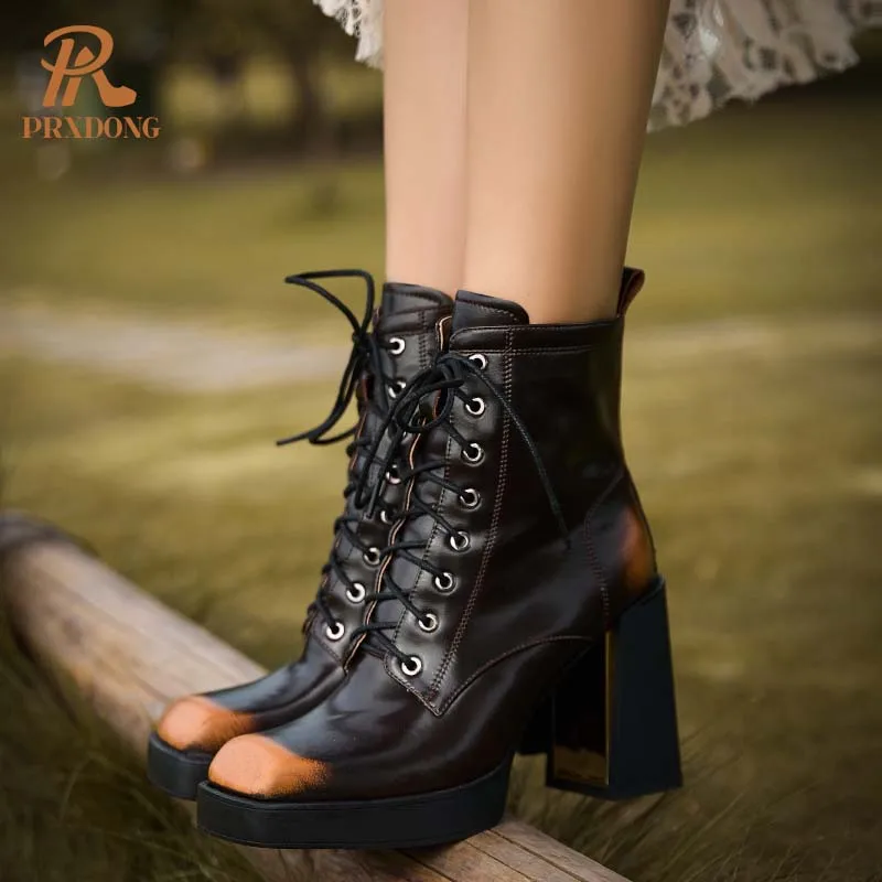 PRXDONG Buty damskie 2024 Nowa marka Retro Jesień Zima Ciepłe buty za kostkę Genuine Leather Brown Lace Up Dress Party Lady Shoes