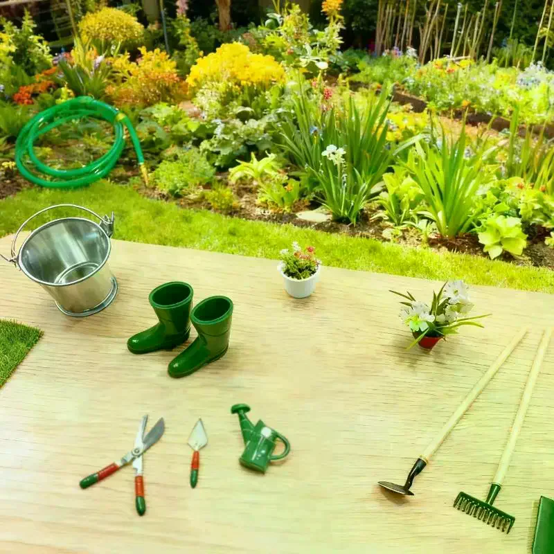 1 ensemble de miniatures de maison de poupée : pelle, houe, bêche et outil de réparation de tuyaux d'eau, accessoires de jardin féerique, outils agricoles