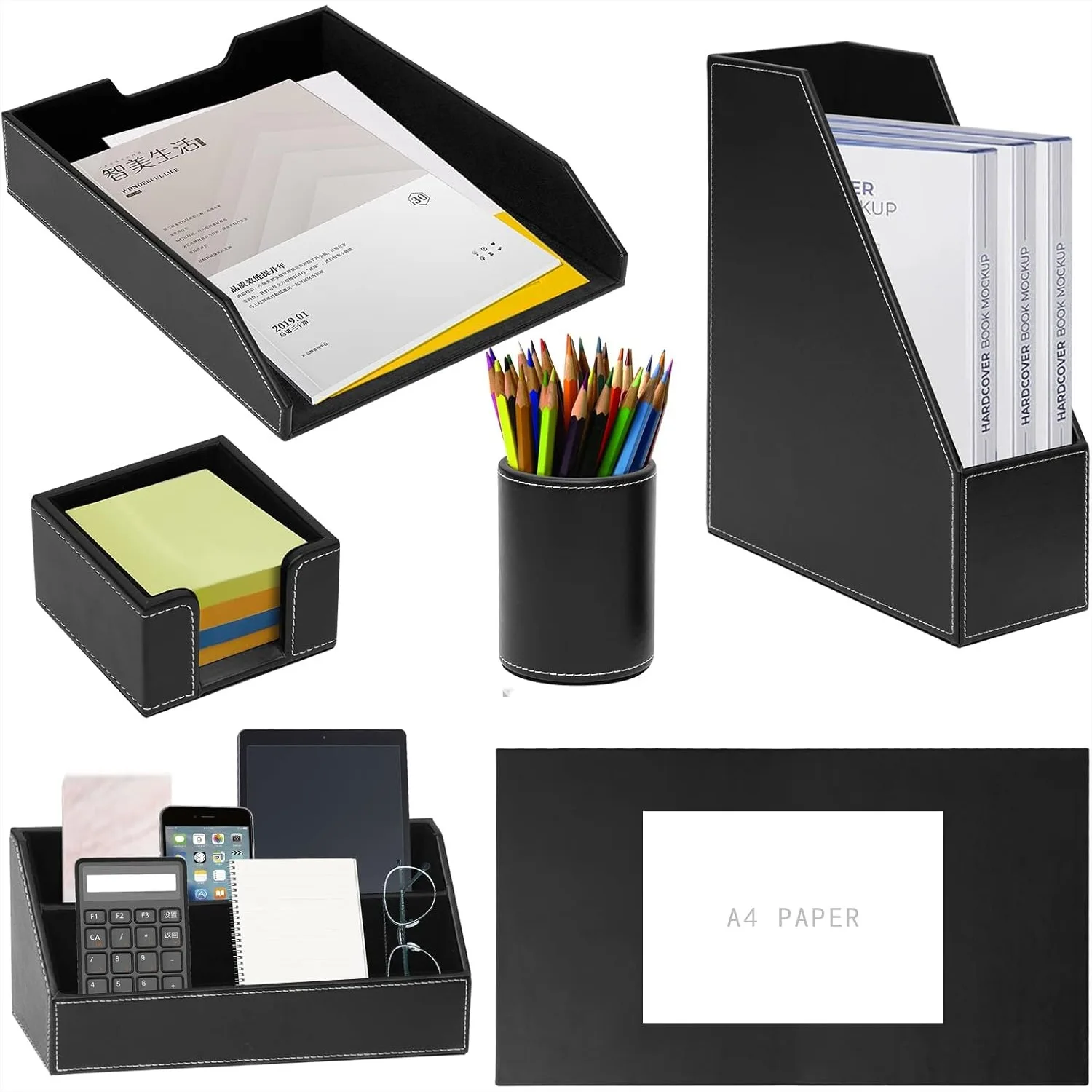 

PU Leather 6-Piece Desk Organizer Set, Writing Pad, Letter Tray, File Folder Sorter, Pen Cup, Business Card Holder, Black