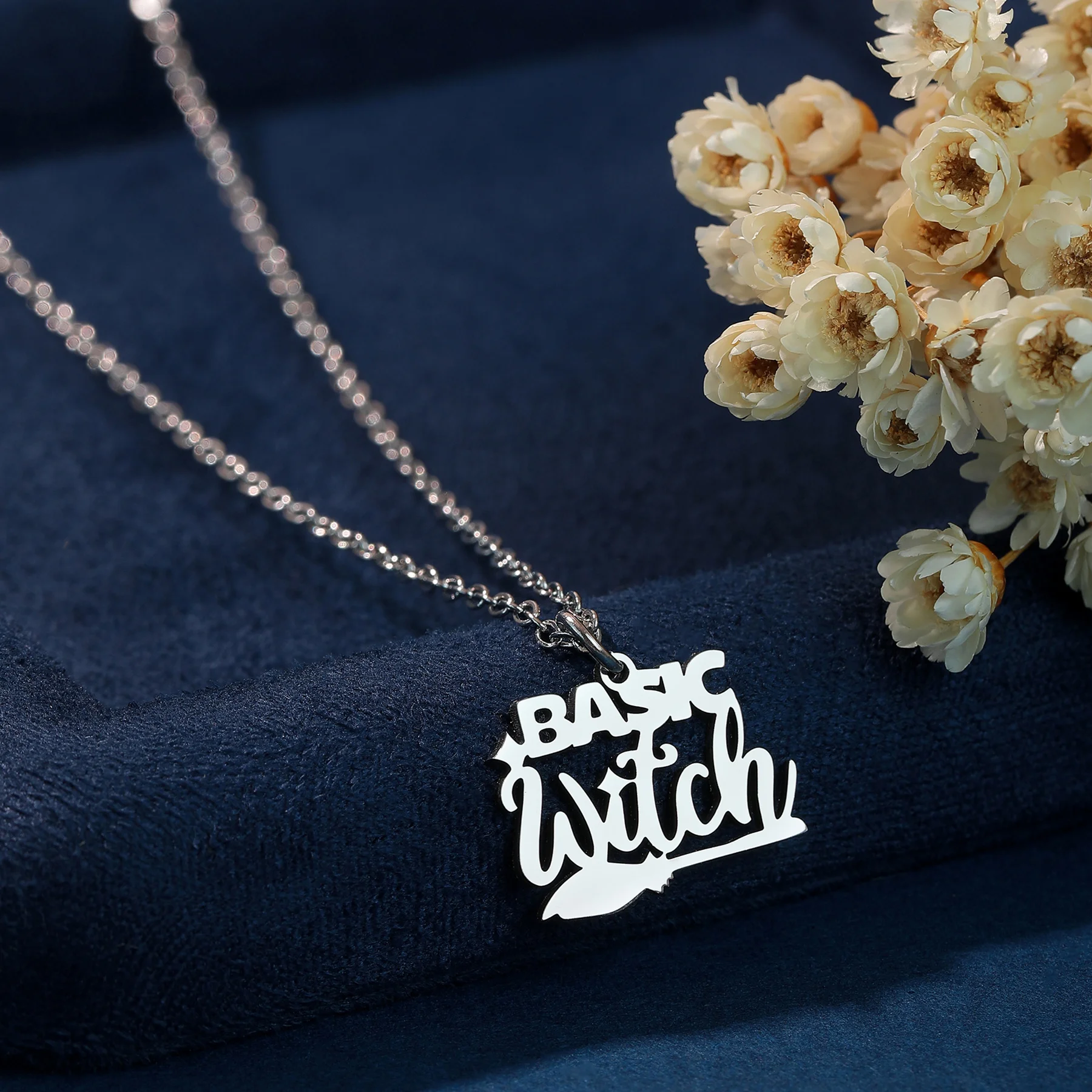 Kinitial Stainless Steel Letter Basic Witch Pendant Necklace For Women Trendy Halloween Jewelry Spooky Necklaces