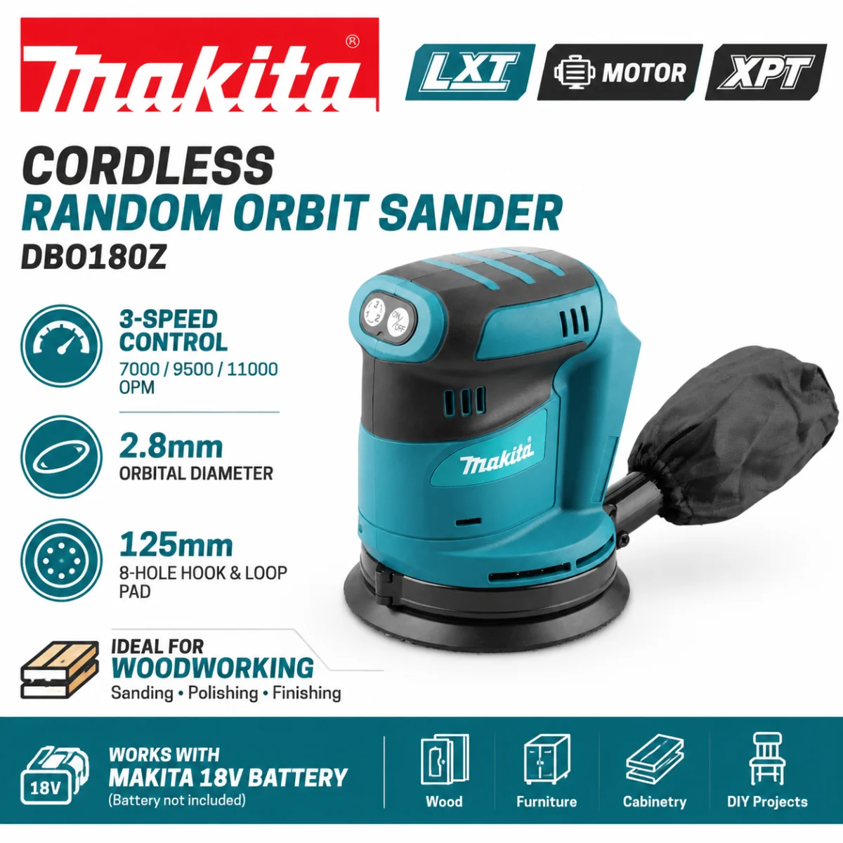 Makita 18V Lithium-ion Battery DBO180Z LXT Cordless Random Orbit Sander for Woodworking, Mud & Surface Polishing Power Tool