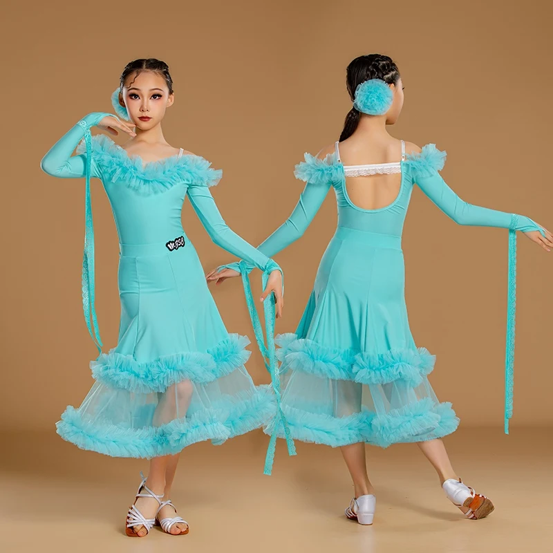 

Fashion Blue Ruffled Latin Dance Dress Girls Waltz Ballroom Dance Dresses Kids Performance Party Dance Costume Stage Wear XS9681