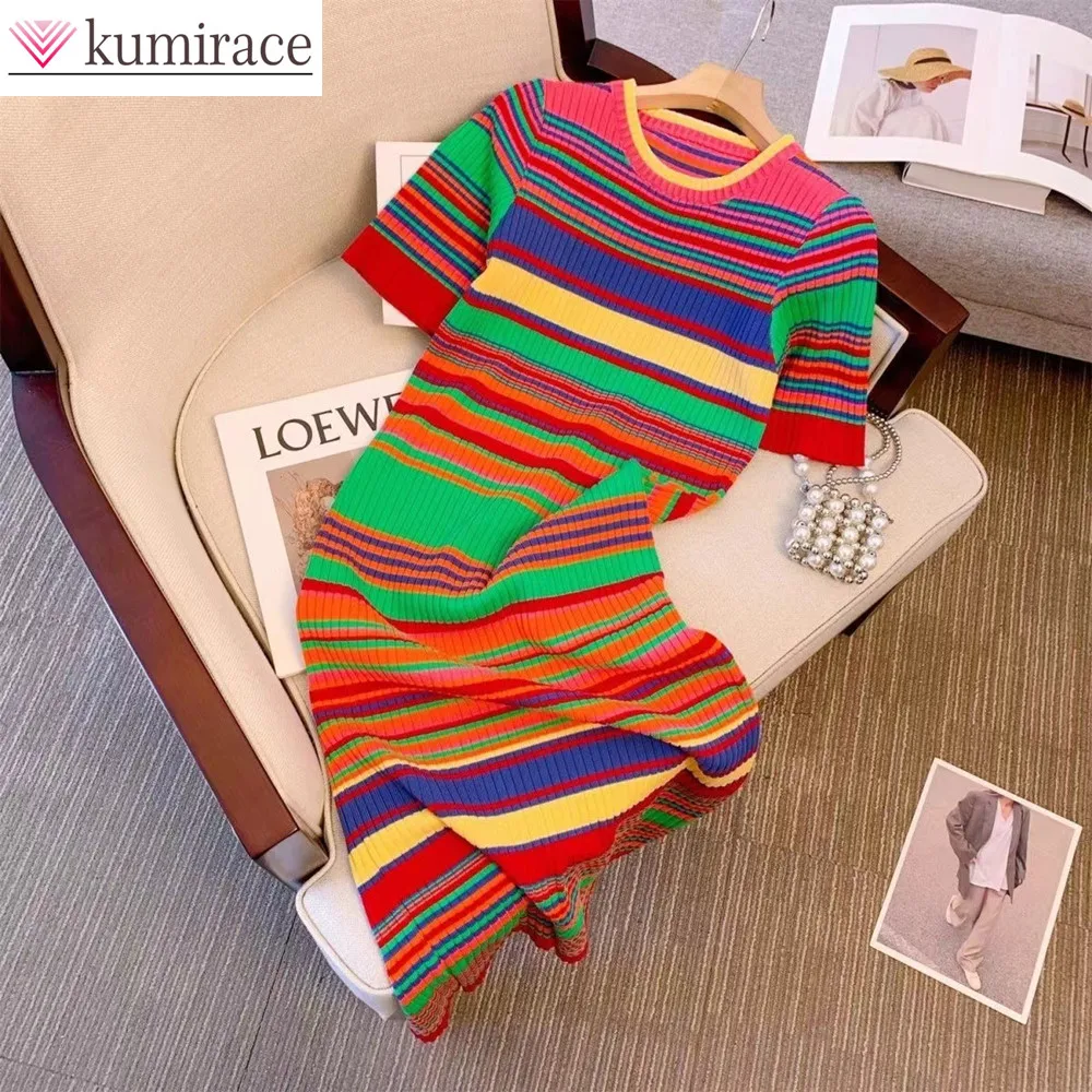 

Summer Short Sleeved Round Neck Colorful Striped Knitted Dress Slim Fit Mid Length French Retro Long Dress