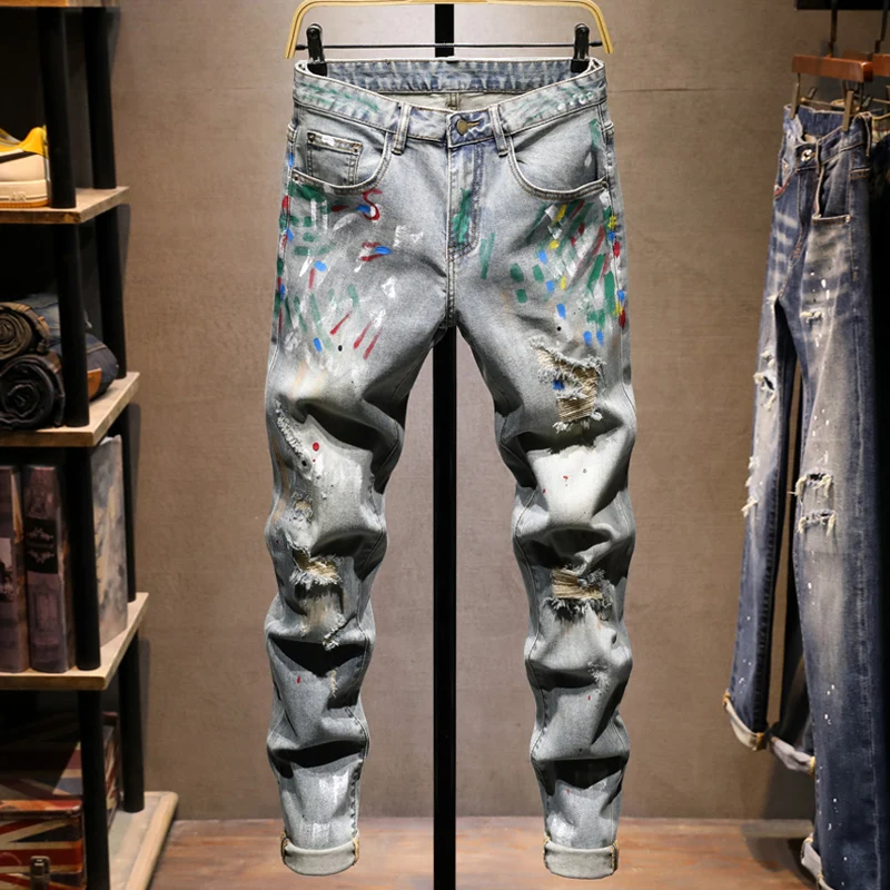 Fashion NewY2K Men's Jeans Painted Scratch Washed Nostalgic Stretch Slim Fit Retro Light Blue Jeans Designer Pants Hombre