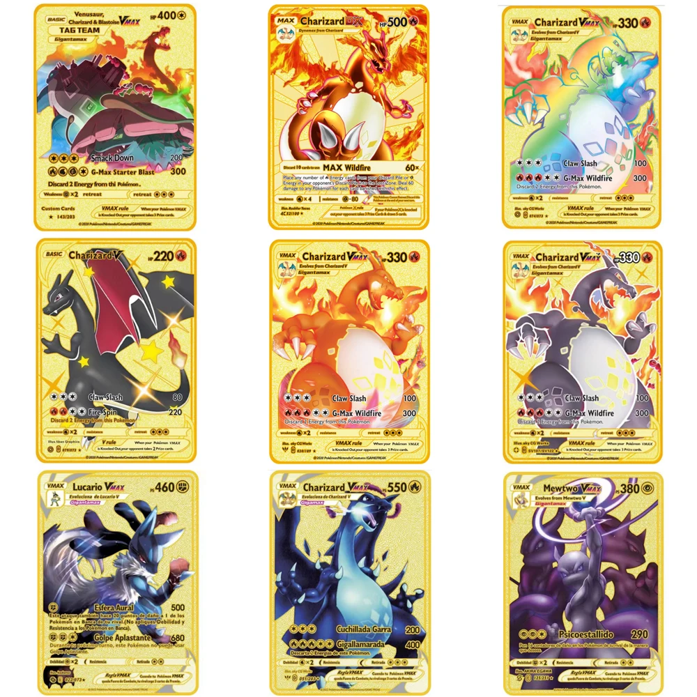 Pokm Metallkarte Charizard Vmax Gx Gold Pocket Monster Englische Eisenmetallbuchstaben Kindergeschenk Sammelkarten