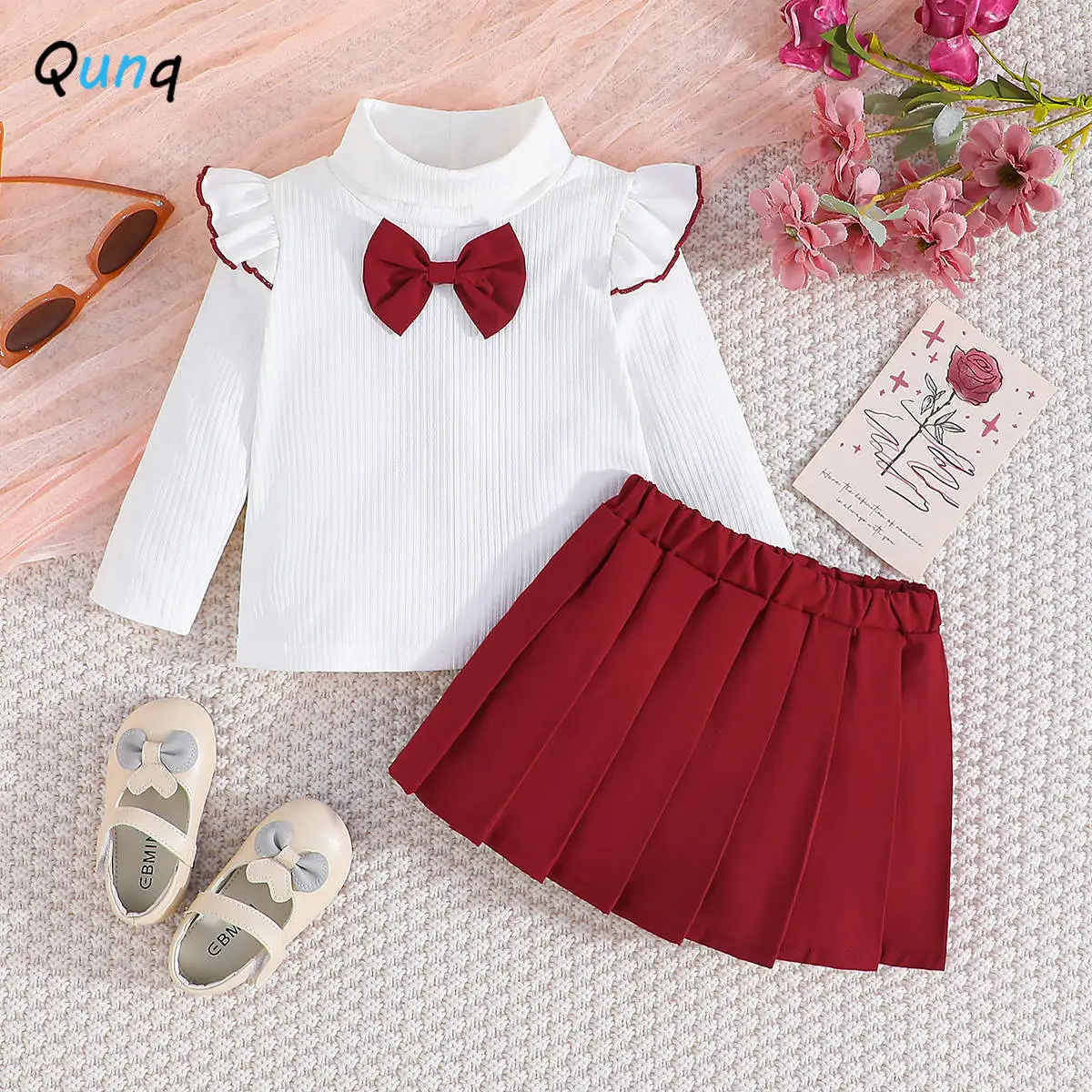 

Qunq 2023 Autumn Ins New Girls High-neck Long-sleeved Bow Patchwork Top + Mini Skirt 2 Pieces Set Casual Kids Clothing Age 0-2T