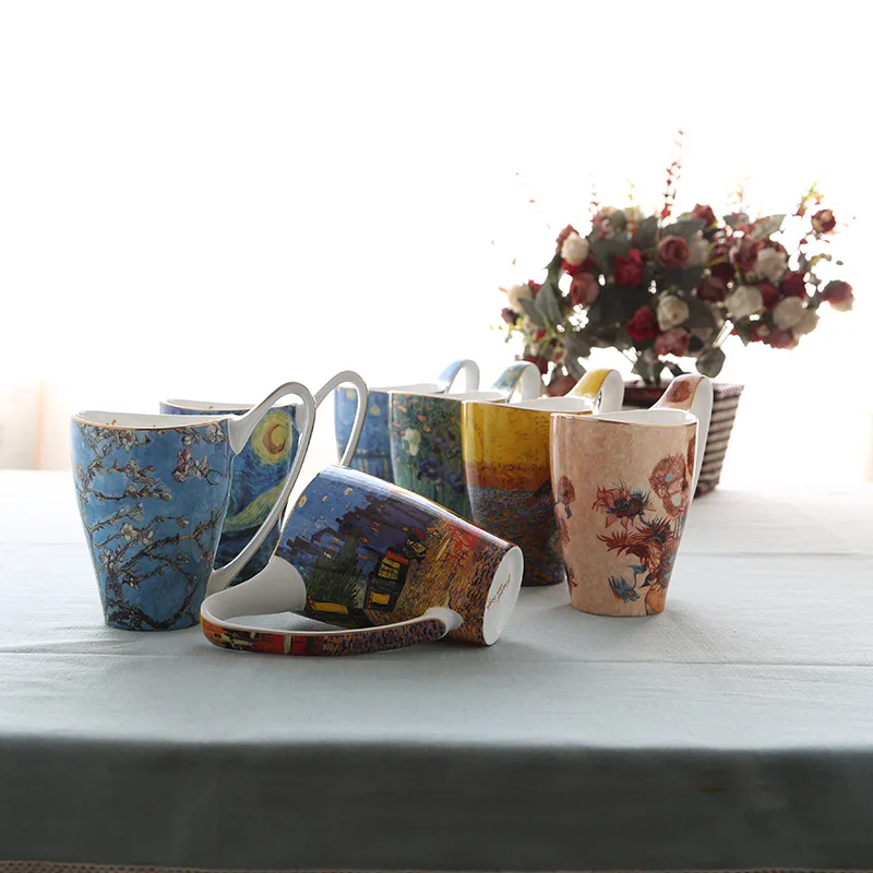 New Style Van Gogh Cup Blue Starry Sunflower Flower Coffee Mug Art Paintings Ceramic Bone China Cup Mugs Coffee Cups Tumbler Cup