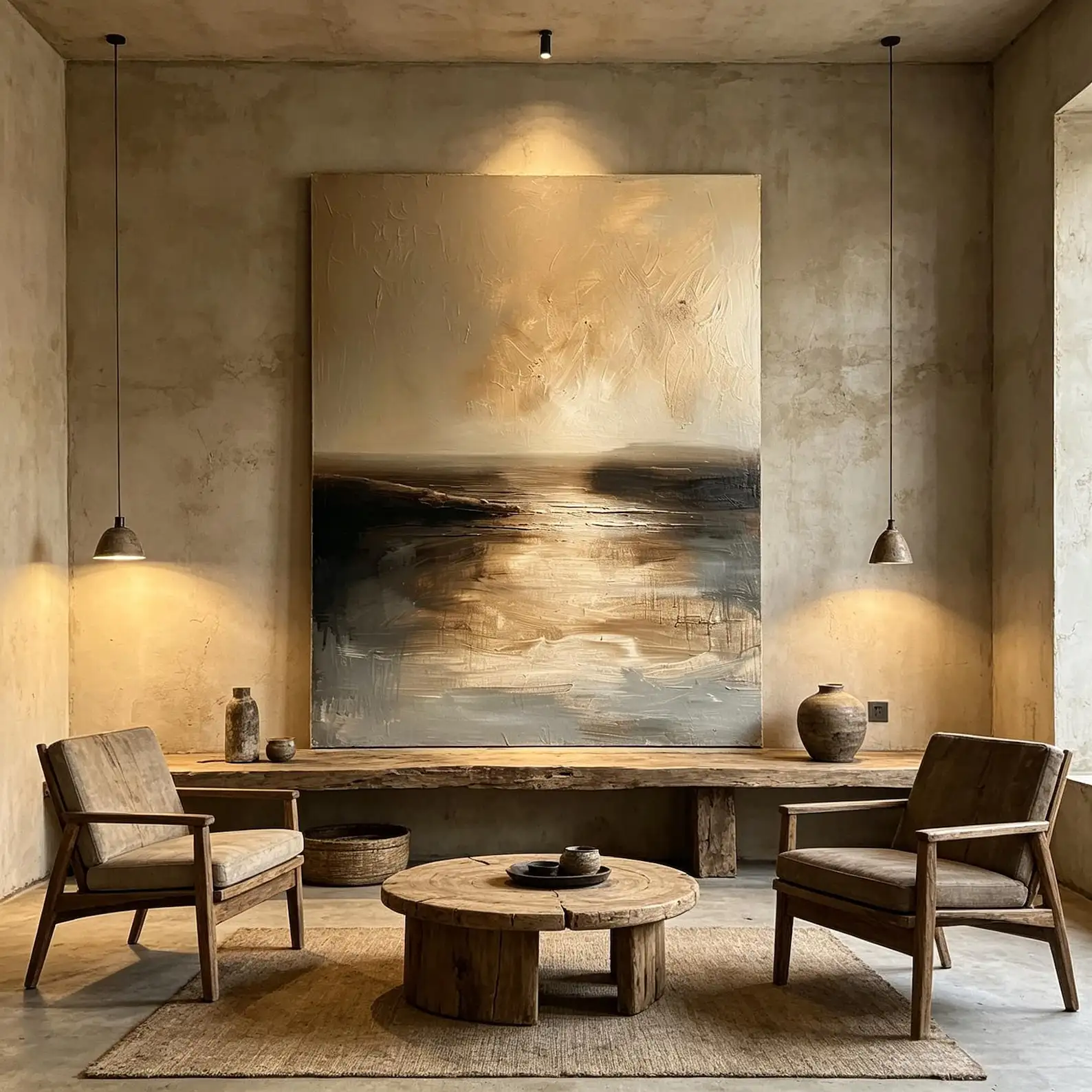 Mhemyo Large Neutral Abstract Seascape Oil Painting Original Hand-Painted Wabi Sabi Wall Art Beige Brown Ocean Canvas Home Decor