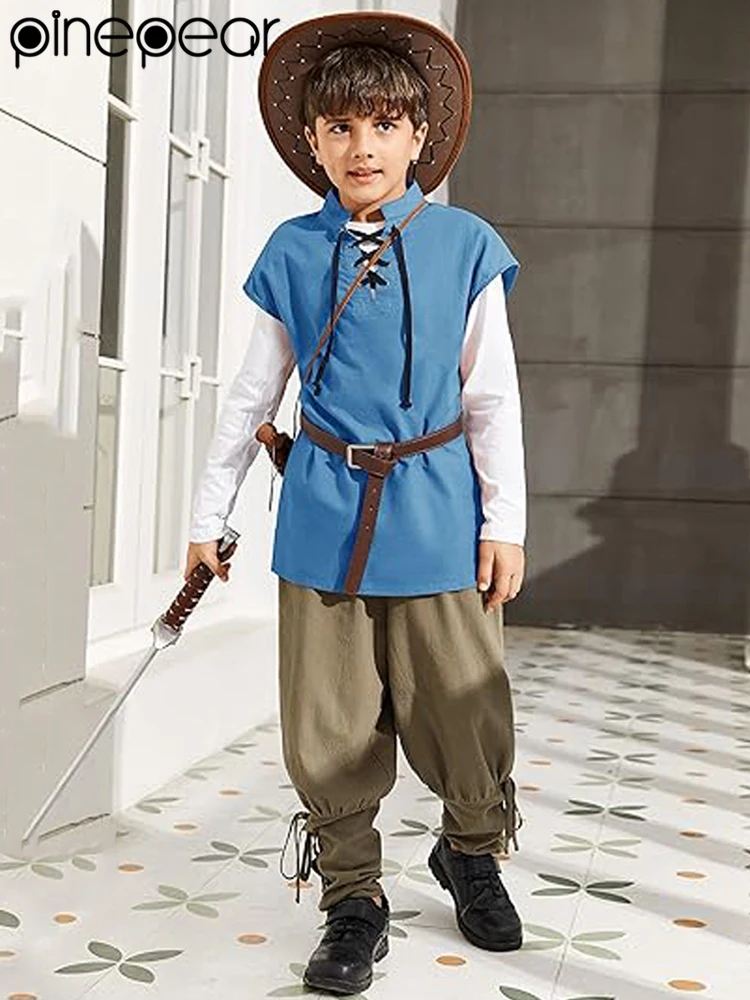 Children Boy Girl Medieval Renaissance Pirate Tunic Top Larp Costume Lace Up Shirt Middle Age Viking Cosplay Warrior Tanks Tops