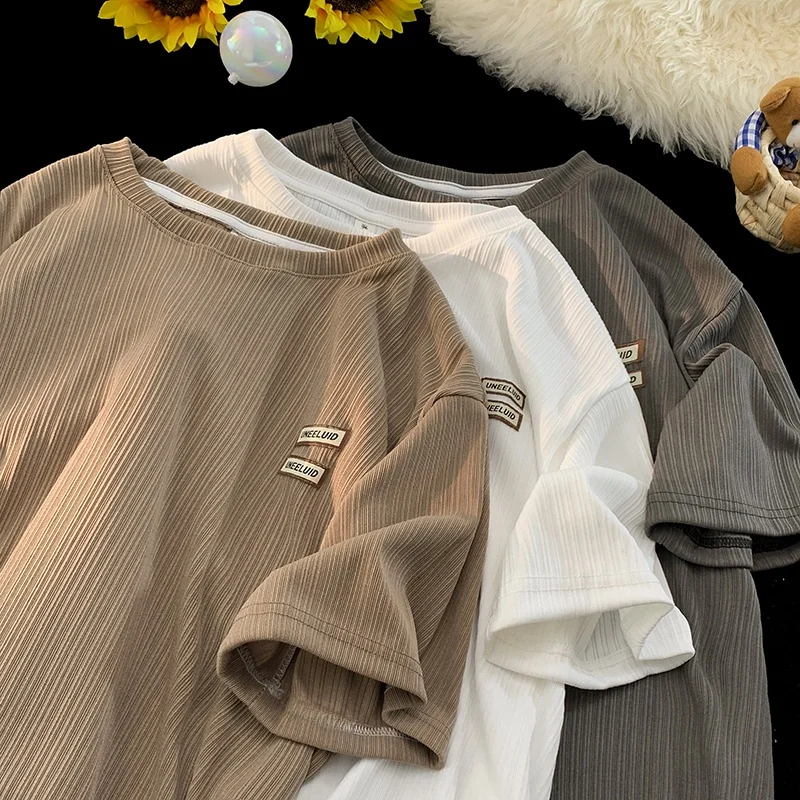 Textured Ice Silk Short Sleeve T-Shirt Men's Summer Thin Loose 5-Point Half Sleeve American Retro Neutral Style Body Shirt
