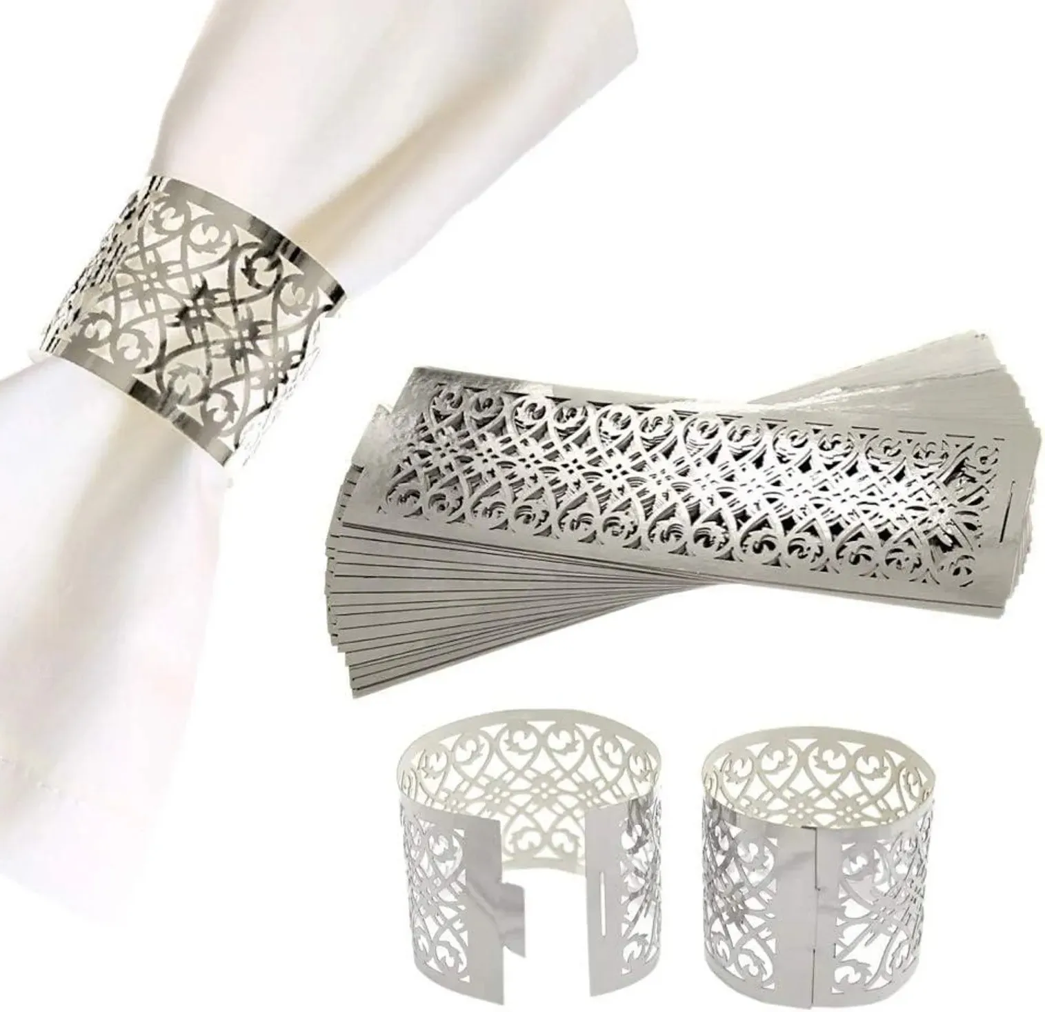 

20pcs Metallic Gold/Silver Paper Towel Wrappers,Laser Cut Fence Napkin Ring for Wedding Party Favor and Gift, Table Decoration
