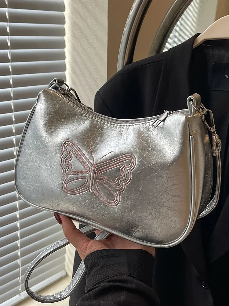 Pu Leather Embroidery Bowknot Butterfly Shoulder Bag New Nylon American Retro Handbag Storage Bag Women's Makeup Lipstick Bag