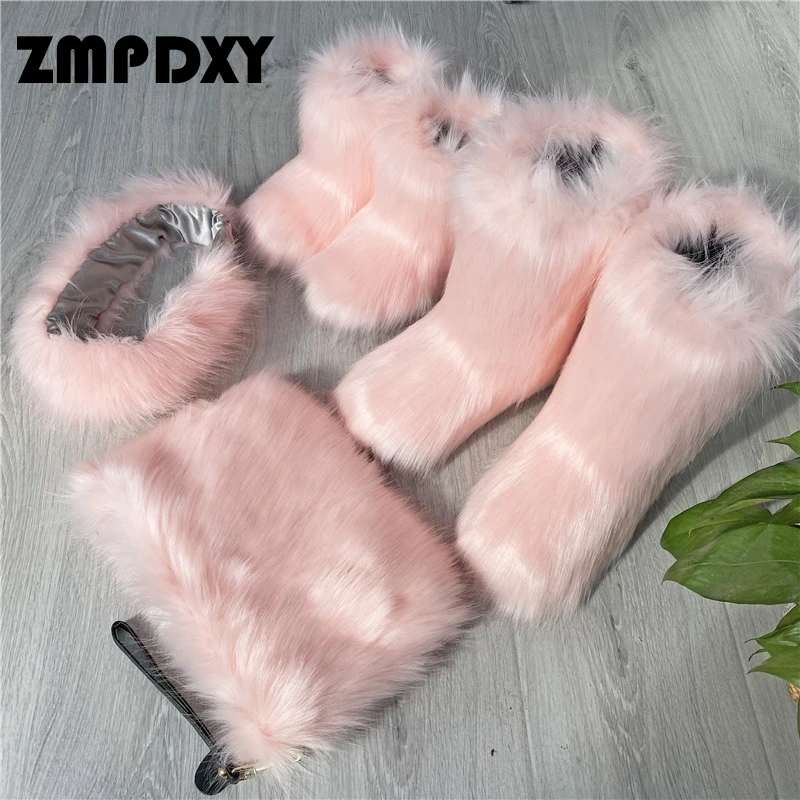 High Quality Faux Fur Winter Snow Boots Headband and Handbags Set for Women and Kids Outdoor Warm New Hot Sale Shoes Bag Sets