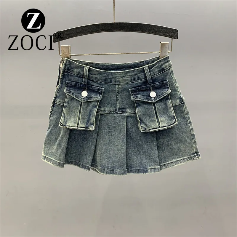 [zoci] Three Dimensional Pocket Zipper Pleated Denim Short Skirt Pants Ultra Short High Waist