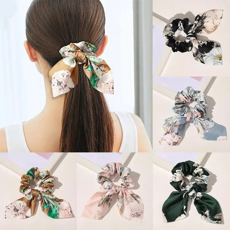 

Rabbit Ear Hair Accessories Ponytail Holder Hair Ties Satin Bowknot Hair Rope Floral Print Bow Ribbon Scrunchies DIY Knotted
