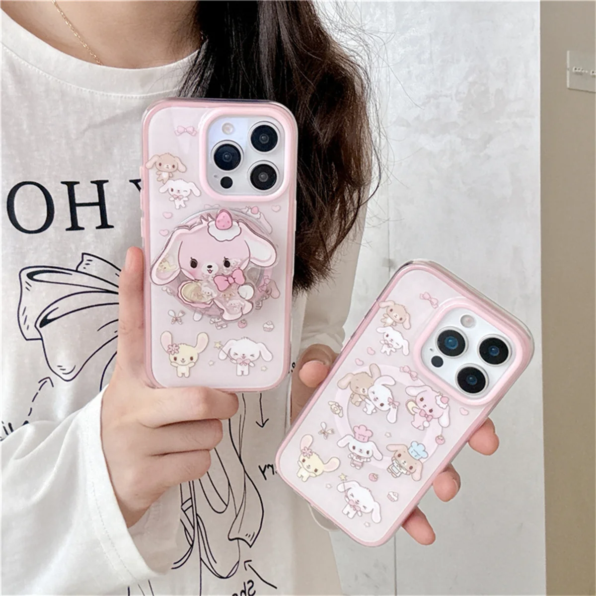 

Korean Cute Pink Rabbit Magnetic Phone Case For iPhone 16 Pro 15 14 Pro Max Cover with Stand For Magsafe Cases 15Pro