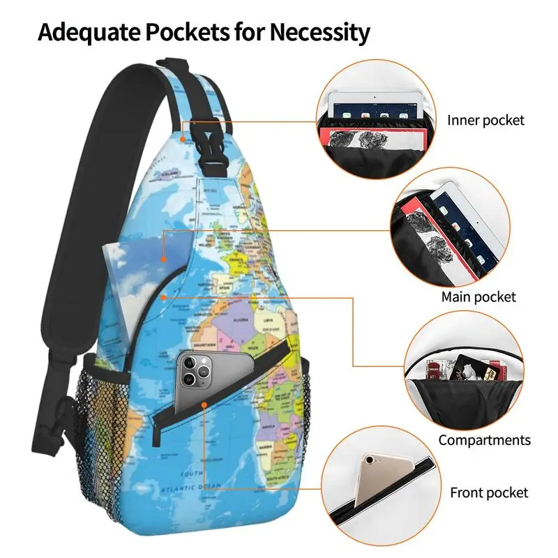 Personalizado mapa do mundo sling sacos de ombro moda masculina crossbody peito mochila ciclismo acampamento daypack