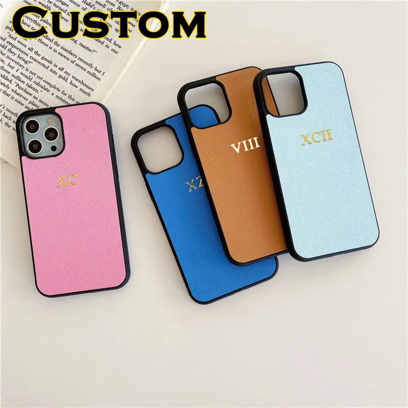 Personalizza la custodia in pelle vegana Saffiano con iniziali in argento dorato per iphone 14 13 11 12 Pro Max 15Plus XR XS Max Luxury Cover