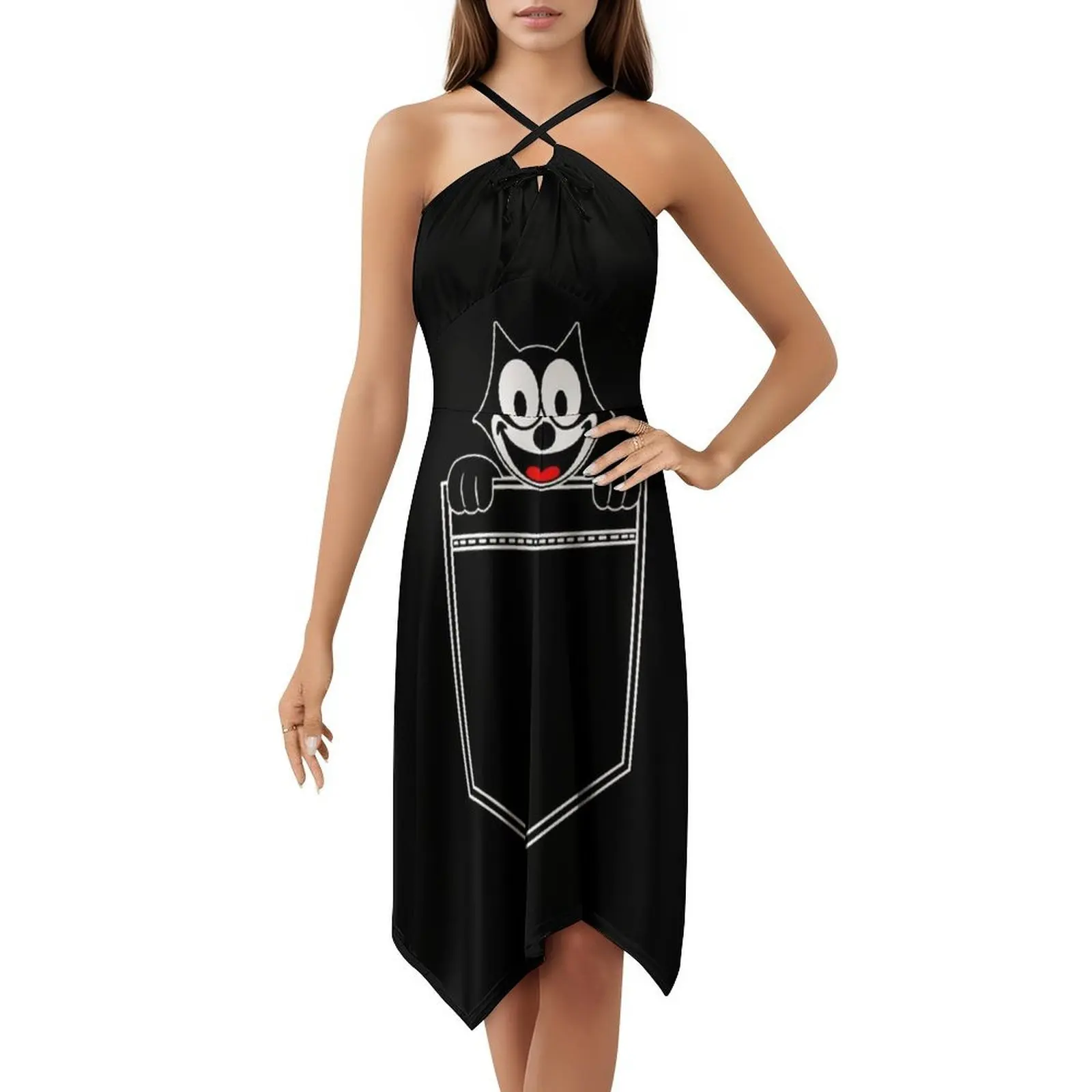 فستان Pocket Felix على الطراز الكوري للنساء، فستان كاجوال أنيق للحفلات أو الارتداء اليومي، رسوم متحركة على شكل قطة سوداء، قميص قطط #5