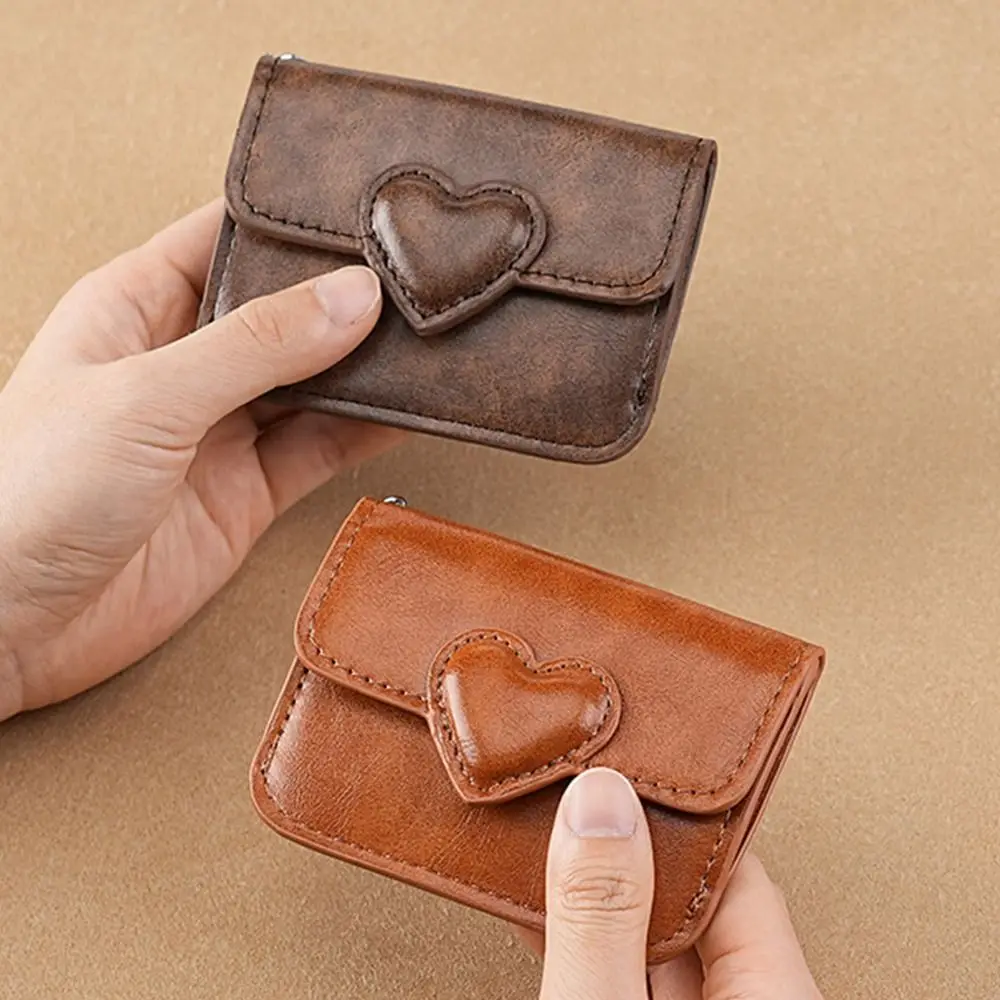 Women Lightweight PULeather Card Holder Cute Heart Shaped Small Wallet Multi-card Anti-magnetic Card Holder Travel Cash Coin Bag