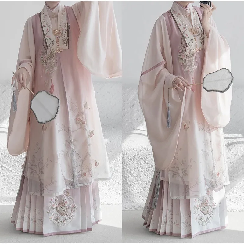 

Ming Dynasty Hanfu Embroidered Standing Neck Long Shirt Long Bijia Horse Face Skirt Daily Set Autumn And Winter Style Hanfu Suit