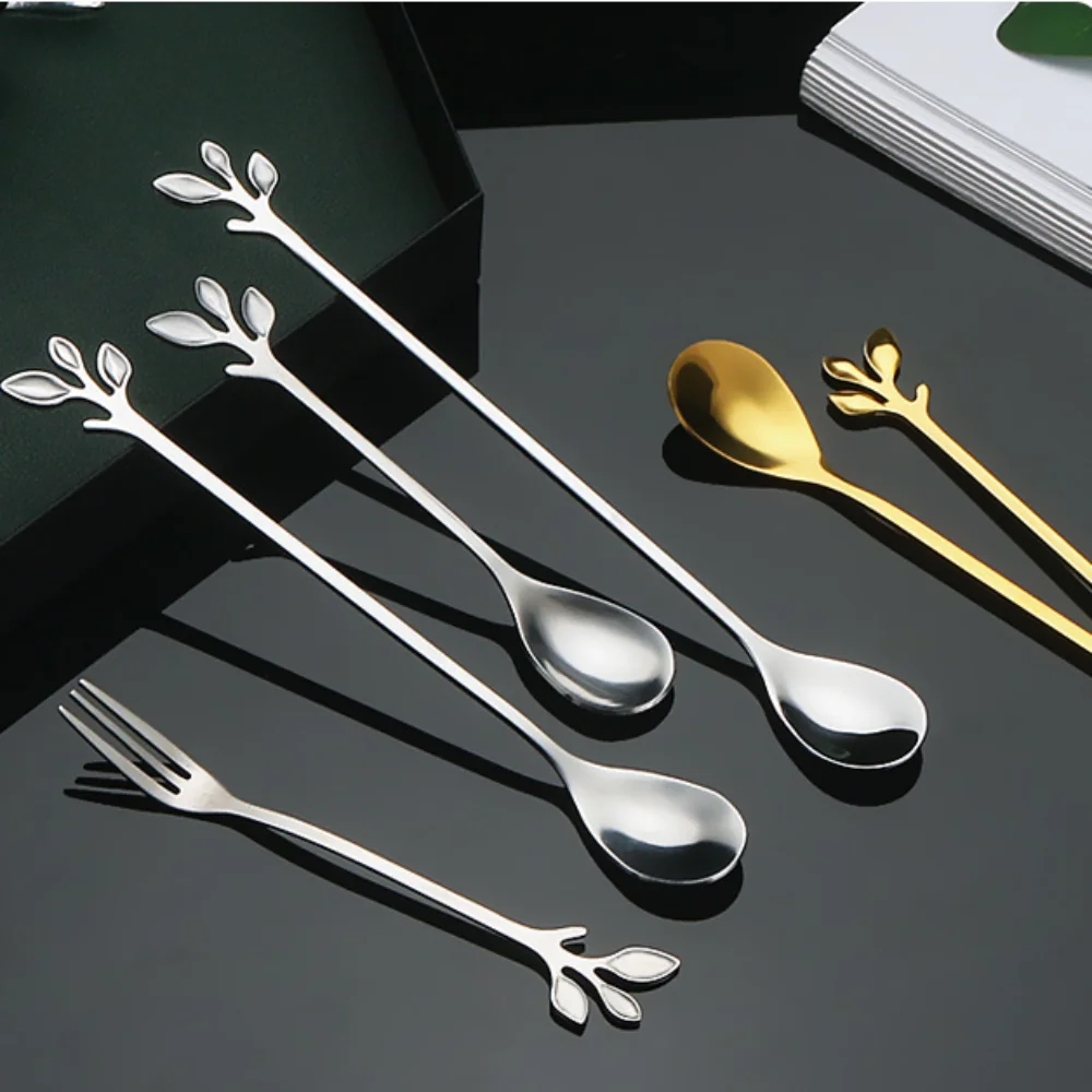 Stainless Steel Water Cup Stirring Spoons Golden Silver Leaf Shape Coffee Spoon Long Handled Dinnerware Dessert Spoon Fork