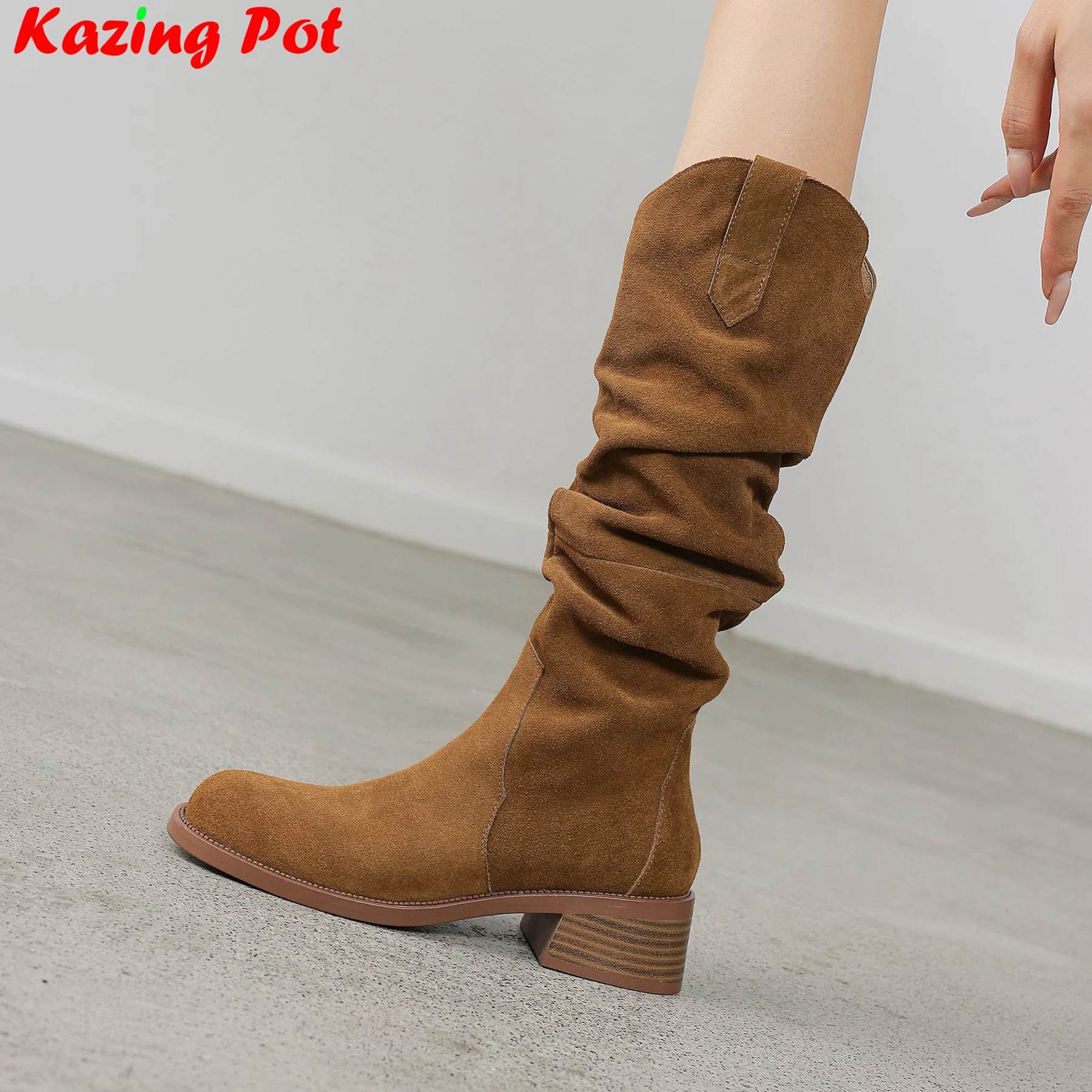 Krazing Pot Cow Suede Med Heels Pleated Modern Boots Winter Warm Shoes Office Lady Nightclub Solid Brand Women Thigh High Boots