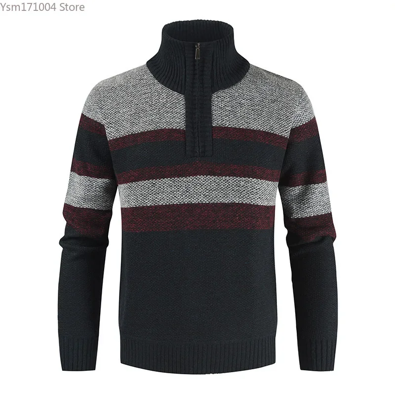 

Autumn Winter New Men's Sweater Half High Collar Zipper Plaid Long Sleeve Pullover British Fashion Casual Male Knitwear Sweaters