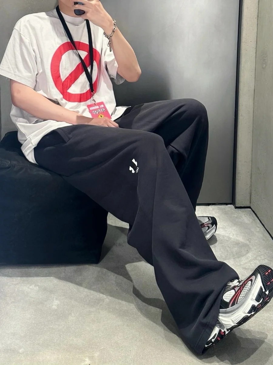 بنطلون طويل كلاسيكي من القطن الثقيل مع شعار مطرز، سروال رياضي طويل للراحة، بنطلون أنيق للشارع