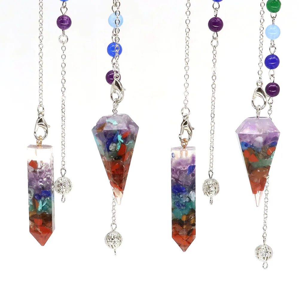 

Resin Pendulum for Dowsing Divination Natural Quartz Gravel Stones Chain Reiki Healing Necklace Pendant Jewelry Hexagonal Column