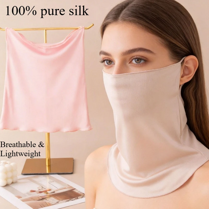100% Silk Sunscreen Face Mask Neck Cover Breathable Lightweight for Women Men Golf Cycling Outdoor Activity Protection
